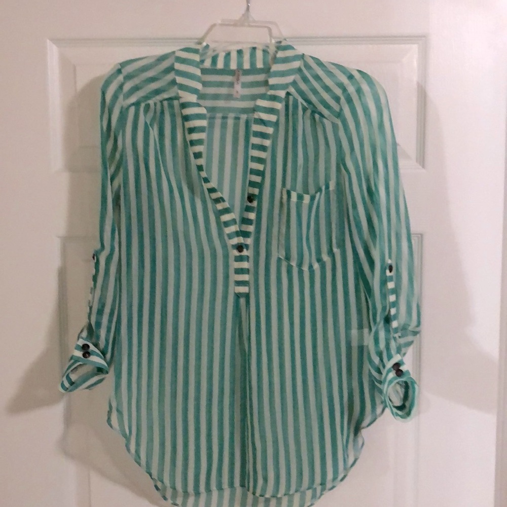 Turquoise & white striped blouse/ shirt